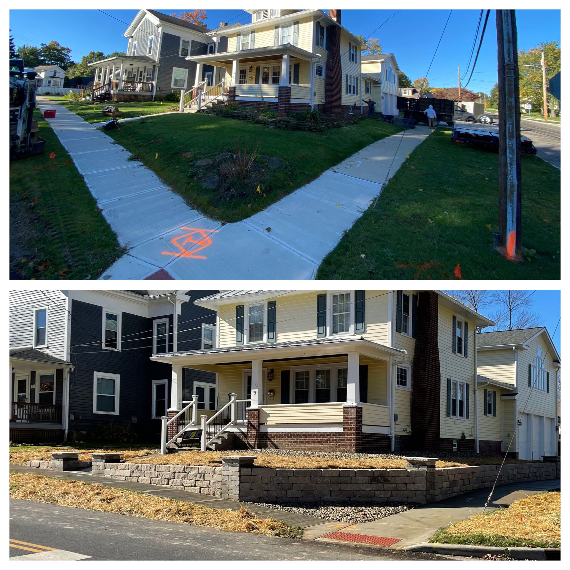 Two views of a yellow house under renovation with a front porch and sidewalk paths