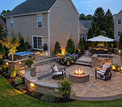 Modern backyard patio with stone fire pit, seating area, outdoor dining table, and landscaping beside a house