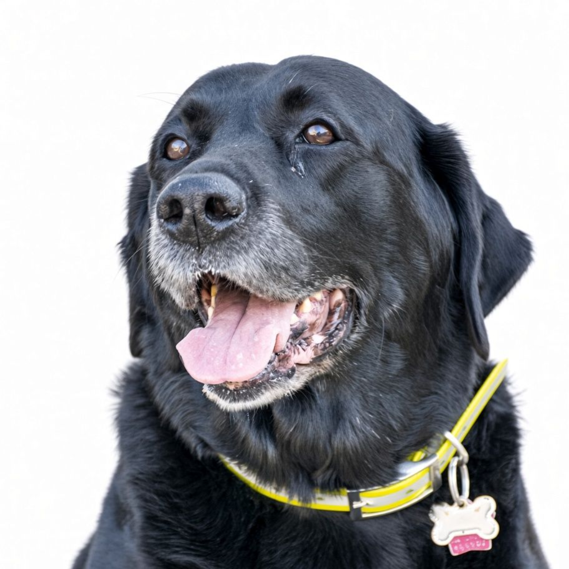 Black Labrador retriever wearing a yellow collar, panting against a white background