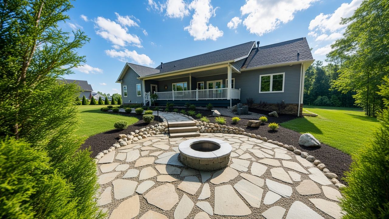 Stone patio with fire pit in a landscaped backyard beside a house under a bright blue sky