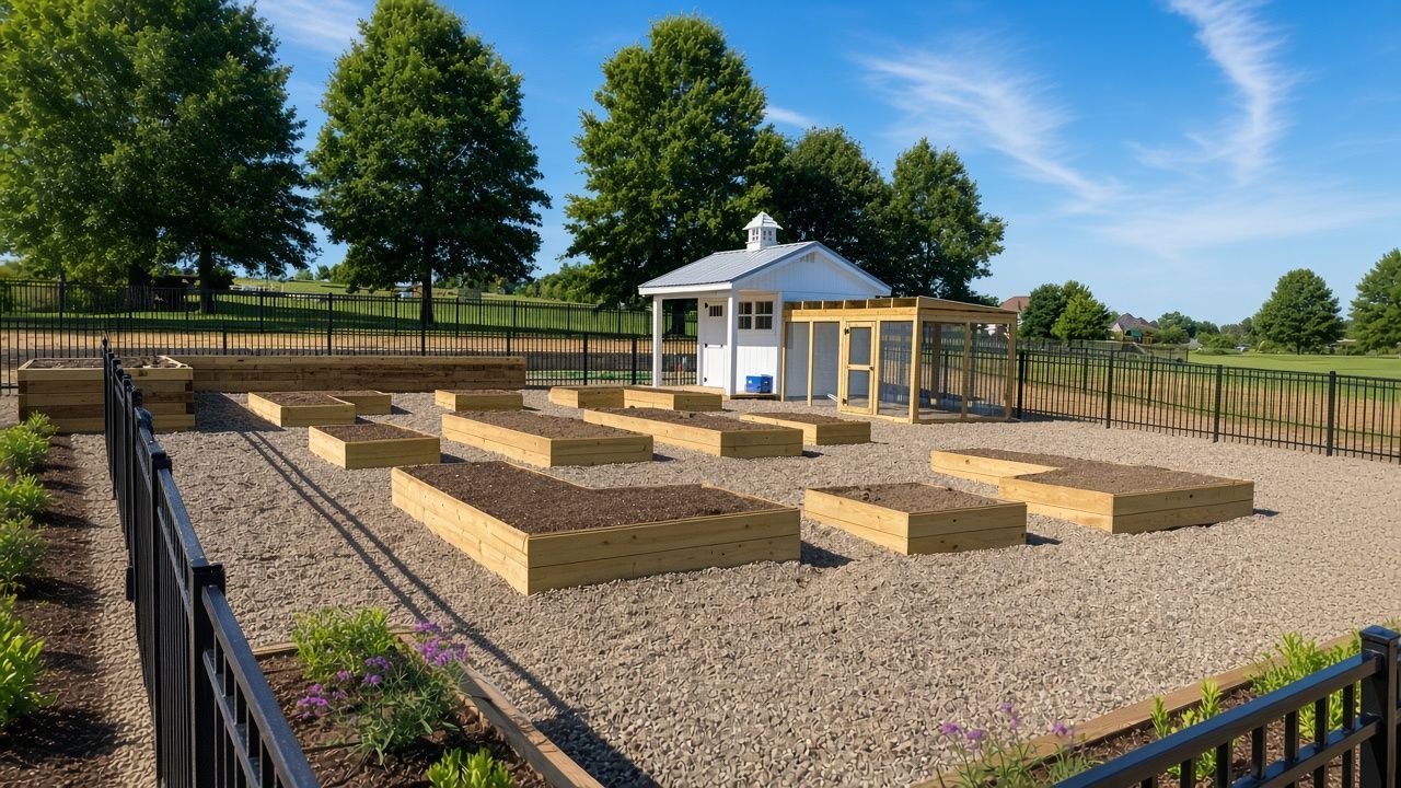 Raised garden beds in a fenced community garden with a white gazebo and trees under a blue sky