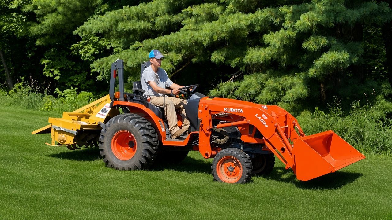 Orange tractor with front loader on grass, driven by a person near a tree line.