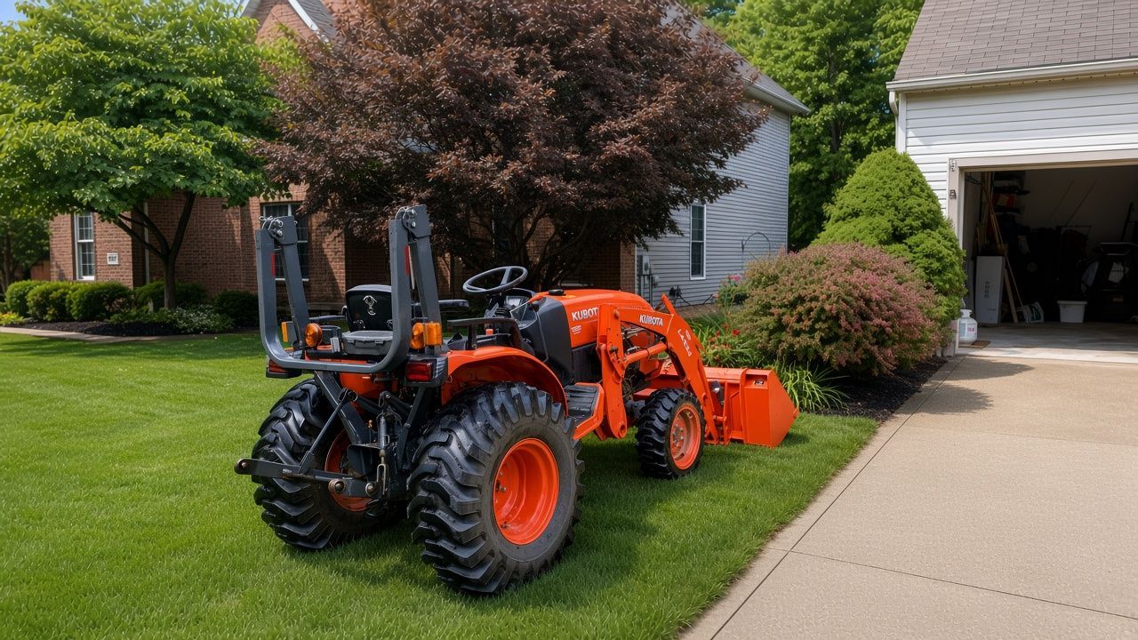 Orange tractor parked on a suburban lawn beside a driveway and garage