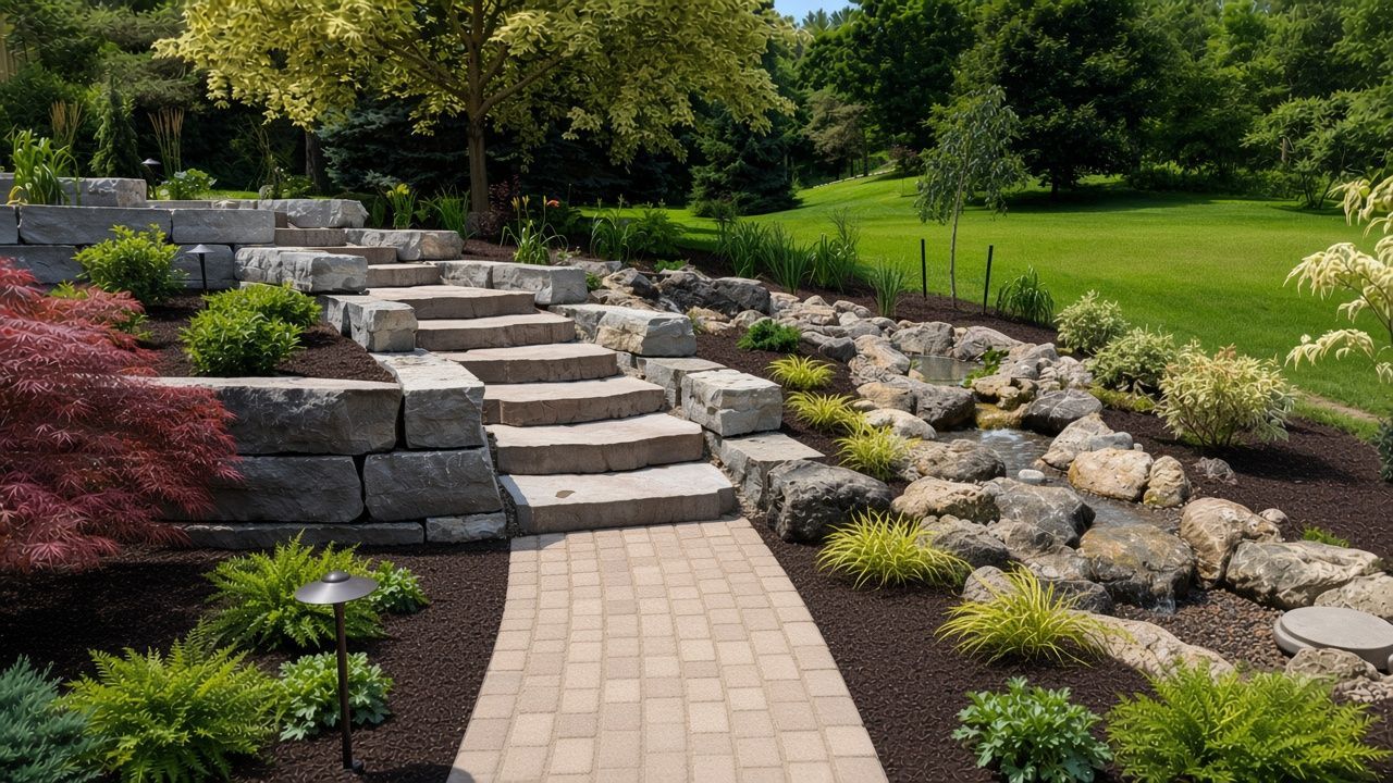 Stone steps and a paver path leading through a landscaped garden with rocks, shrubs, and green lawn