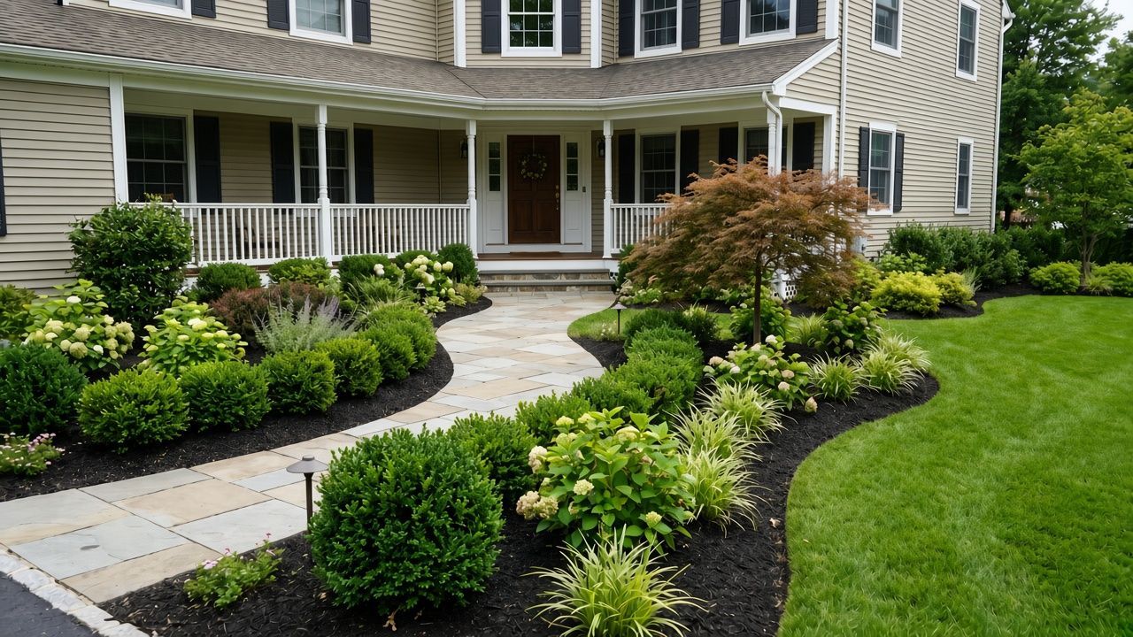 Curved garden walkway leading to a beige house with a front porch and manicured landscaping