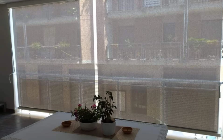 Finestre interne con tende e piante in vaso su un tavolo, luce del sole intensa nella stanza