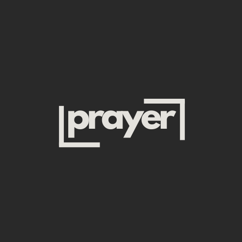 White “prayer” text in a bracket-style logo on a dark gray background