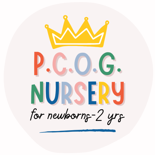 PCOG Nursery with crown, light blush circle, rainbow colored font