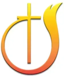 Stylized orange-yellow cross and curved flame-like shape forming a religious logo on white background