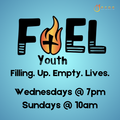FOEL Youth event poster on blue background: “Filling. Up. Empty. Lives.” Wednesdays 7pm, Sundays 10am