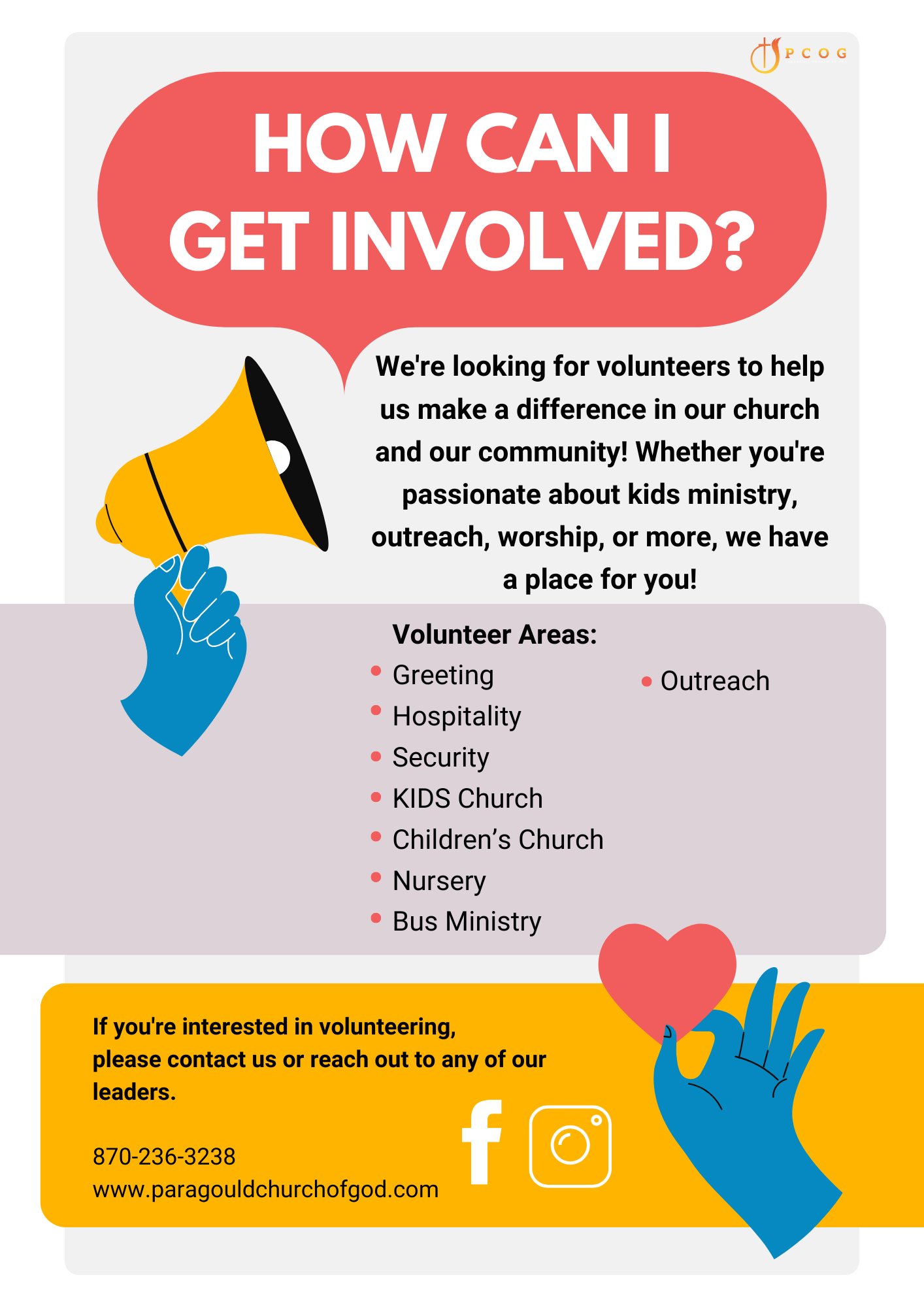 Flyer inviting volunteers to join church ministries, with megaphone, list of teams, and social media icons.