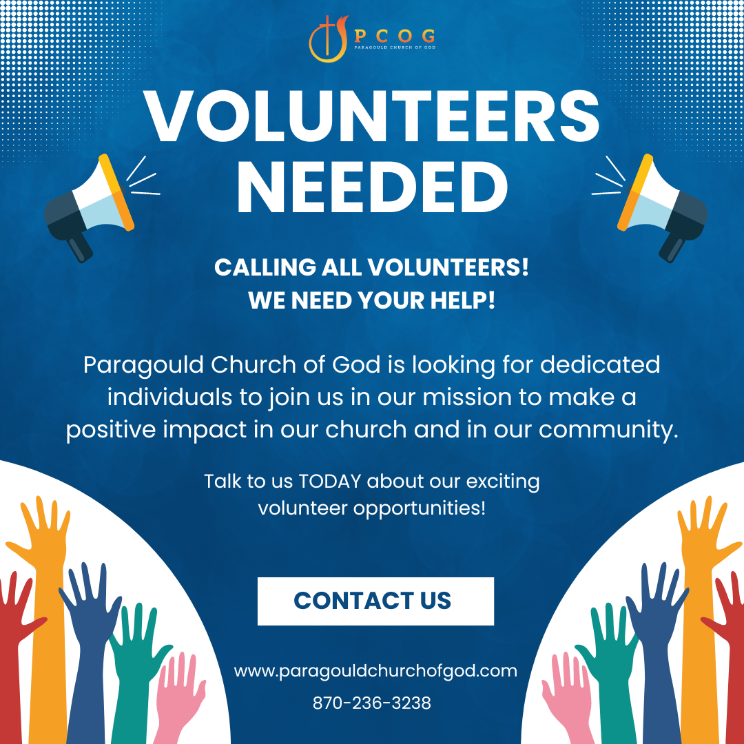 Blue church flyer reading “Volunteers Needed” with megaphones, raised hands, and a Contact Us button.