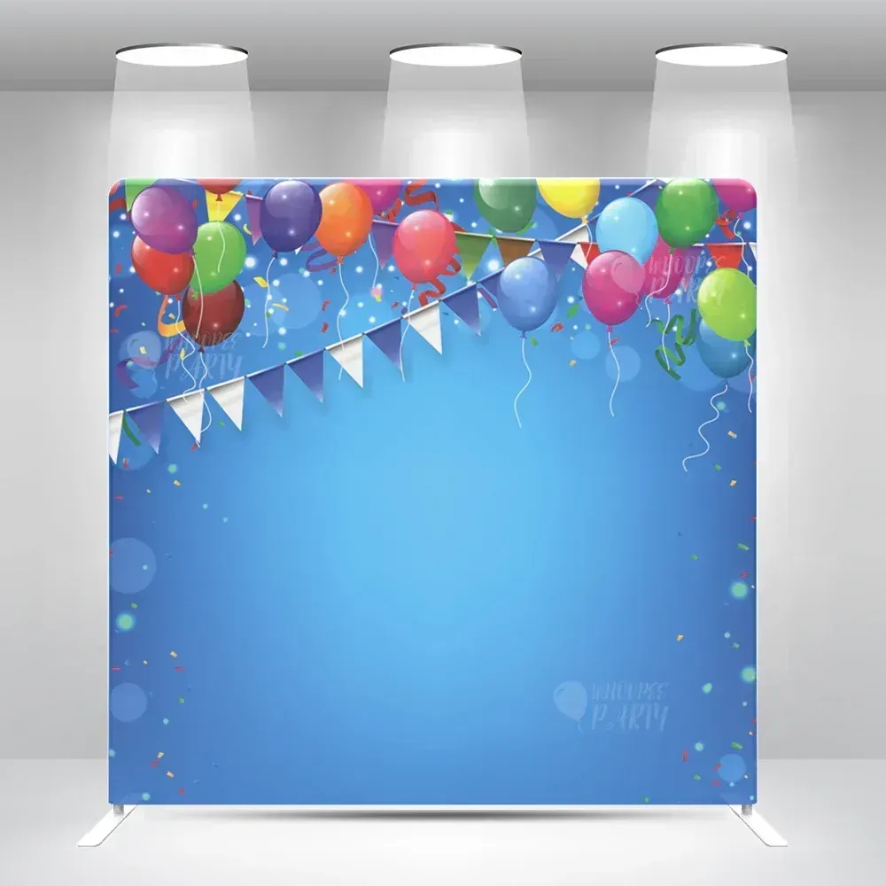 Blue party backdrop with colorful balloons, bunting, and spotlights