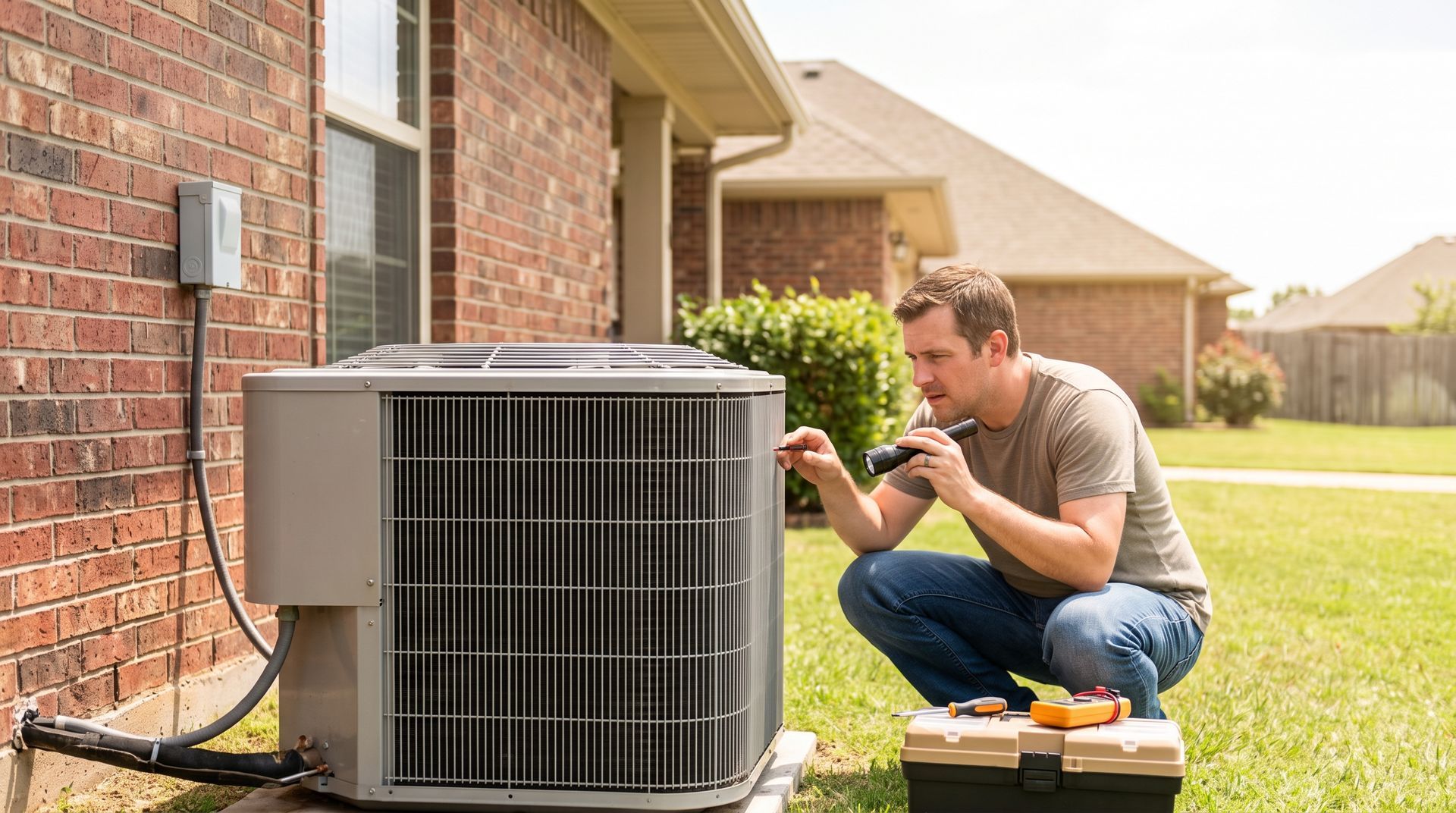 Technician crouches beside an outdoor air conditioner, inspecting it with tools in a sunny yard.
