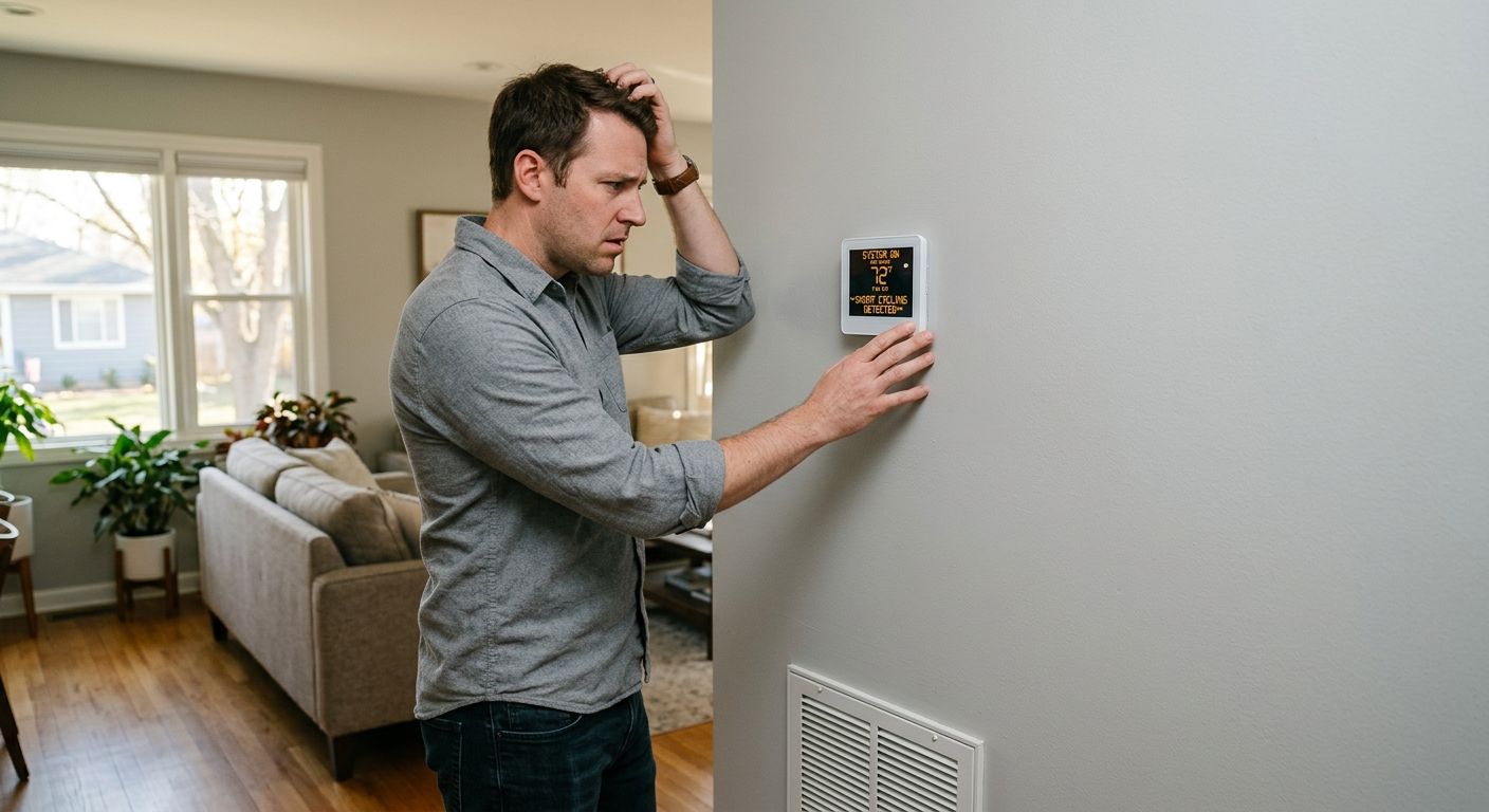 Man adjusting a wall thermostat in a bright living room with a sofa and plant nearby