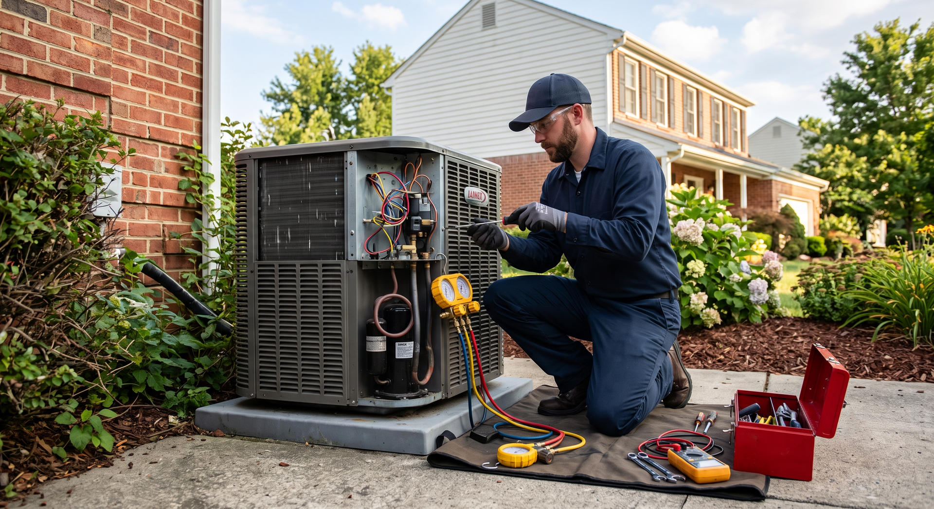 Technician kneeling beside an open HVAC unit, inspecting wiring with tools outside a brick house.