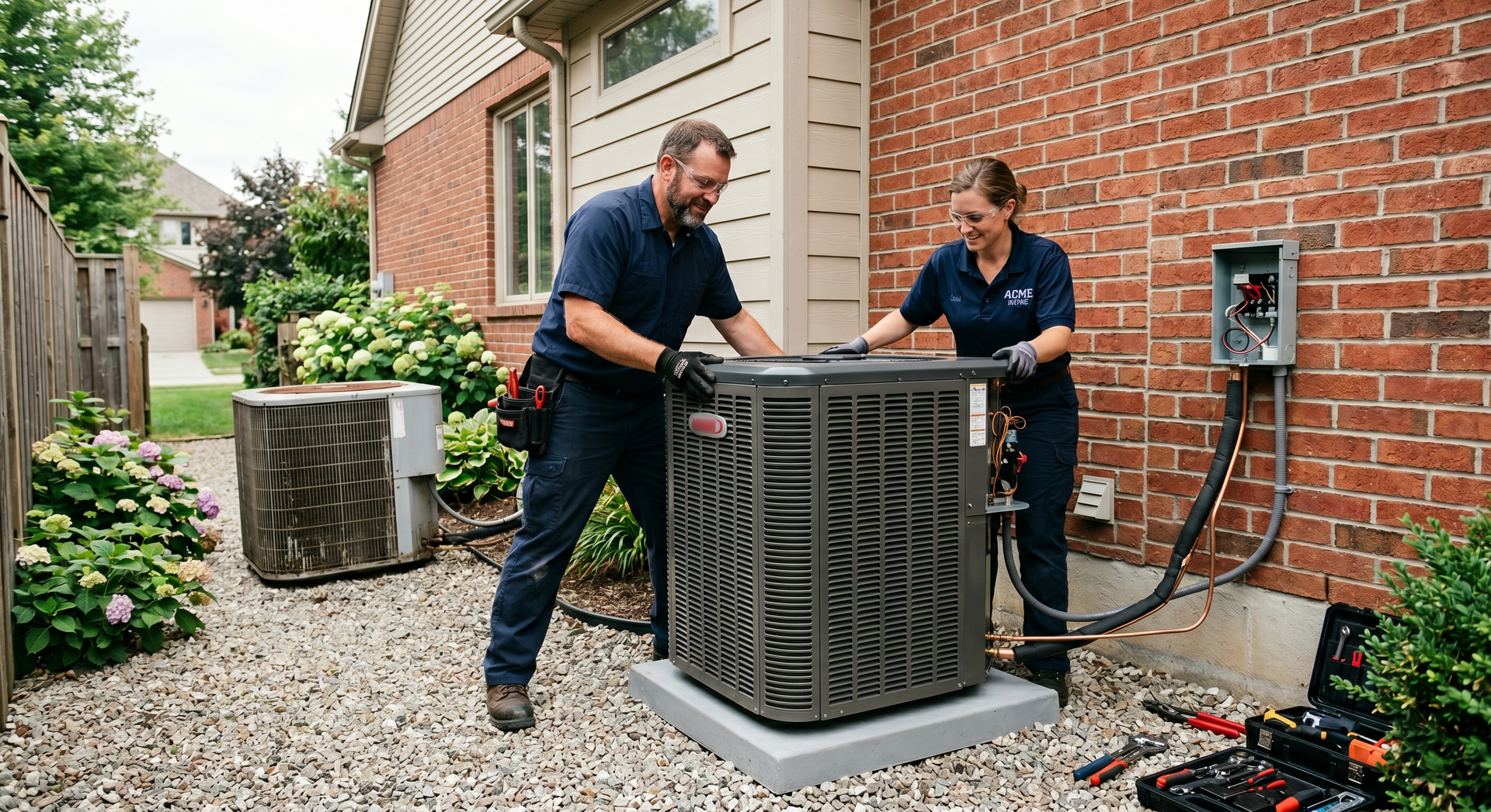 Two technicians installing a large outdoor HVAC unit beside a brick house