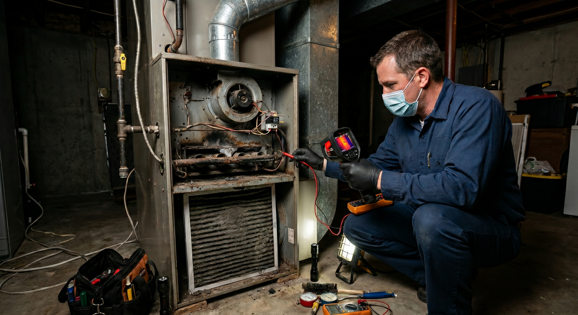 Technician in a mask repairs a furnace in a utility room with tools and exposed ductwork