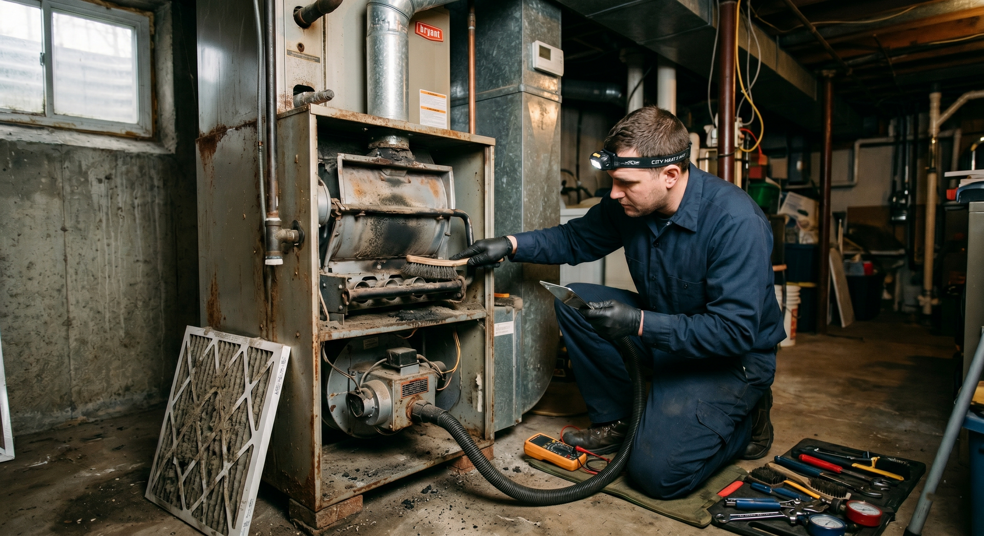 Technician kneeling by a furnace, inspecting equipment in a workshop with tools on the floor