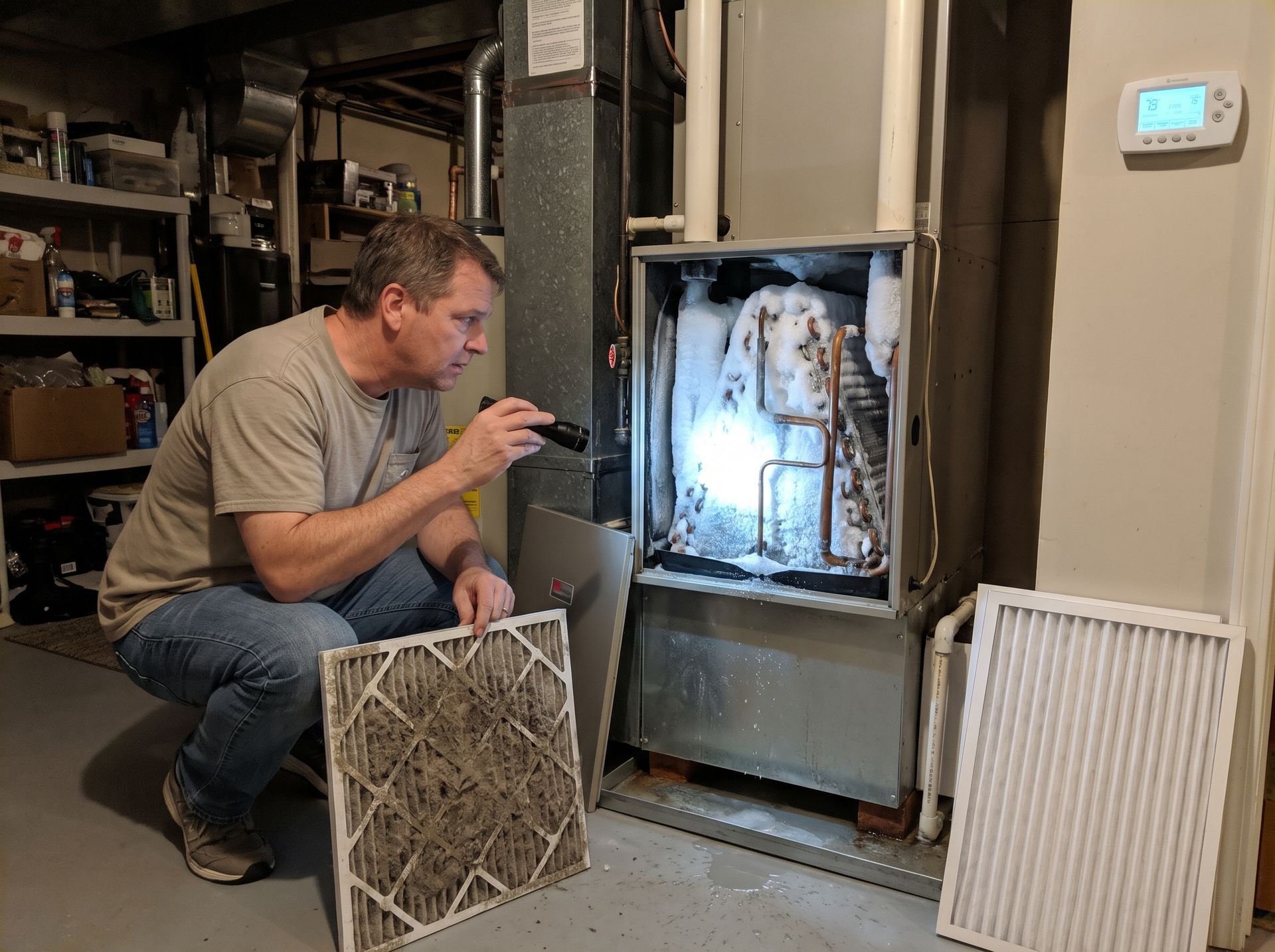 Man crouching beside an open furnace, inspecting the filter in a utility room