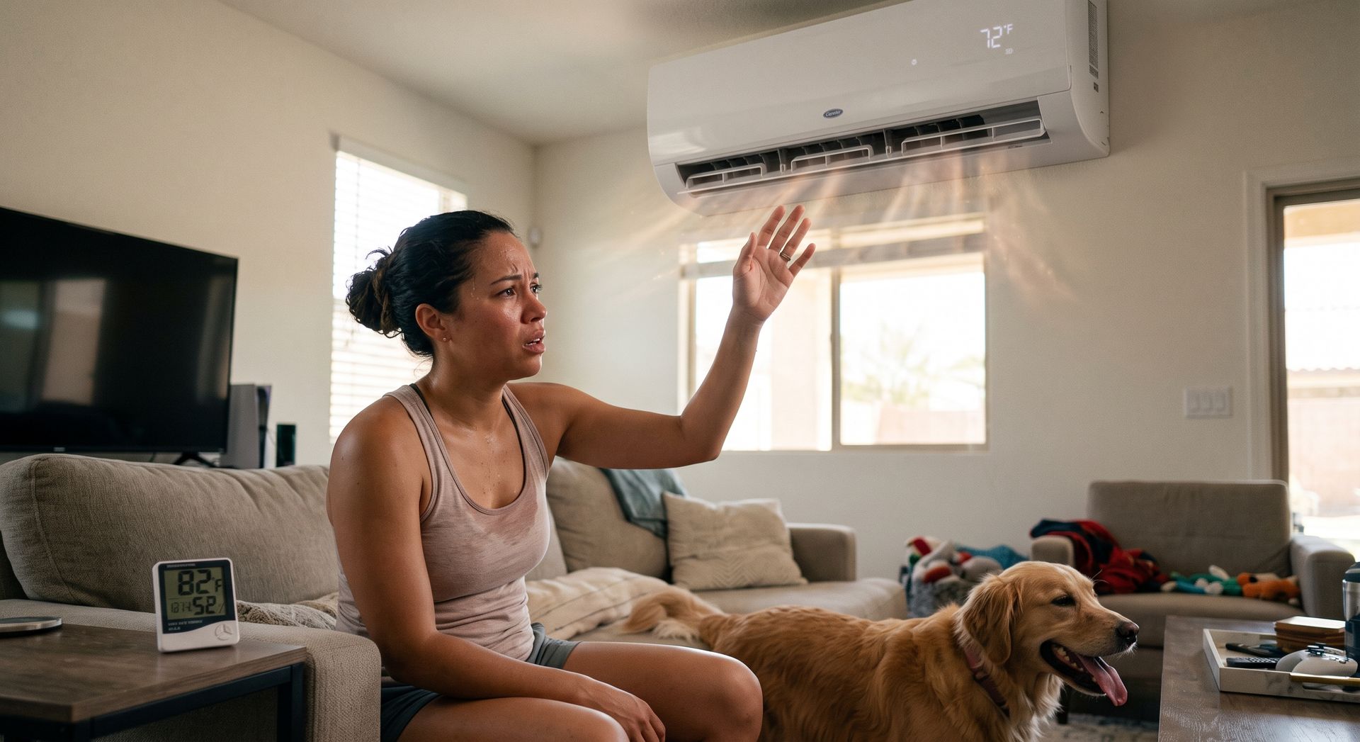 Woman sitting on a couch, waving in a sunlit living room with a dog beside her and a wall-mounted TV and AC unit.
