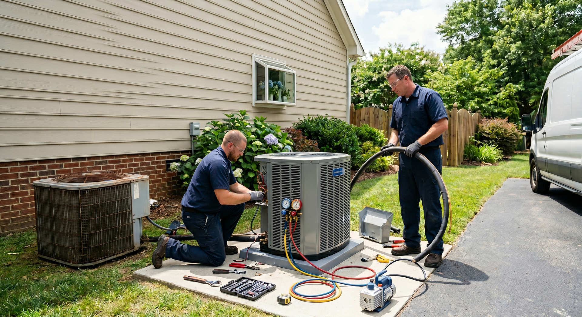 Two technicians service an outdoor air conditioner beside a house, with tools and cables on the driveway.