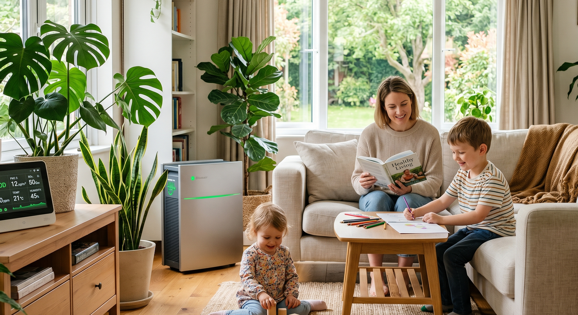 Family reading together in a bright living room with plants and sunlight