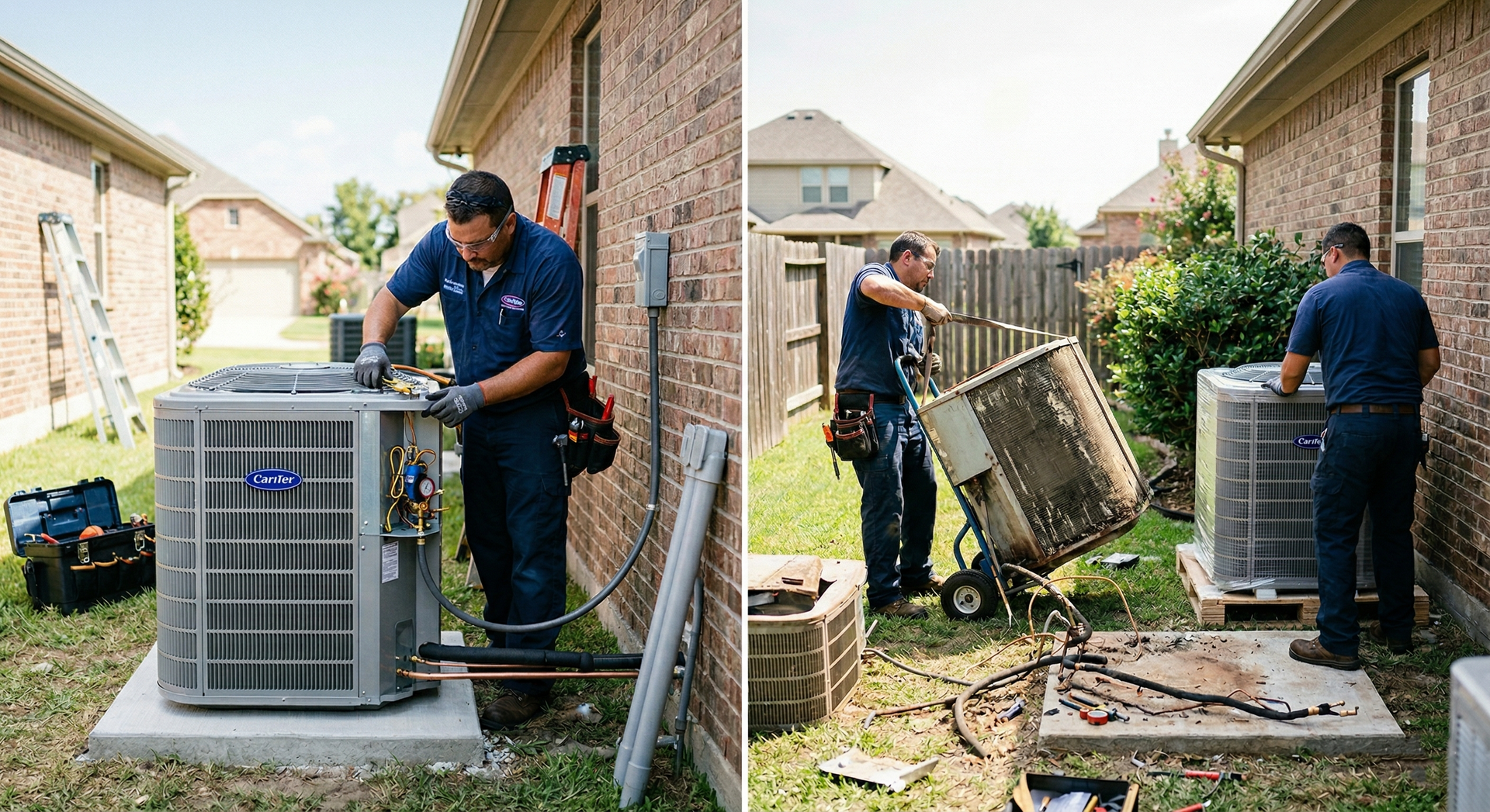 A technician works on an outdoor HVAC unit, shown installing a new unit on the left and removing the old one on the right.