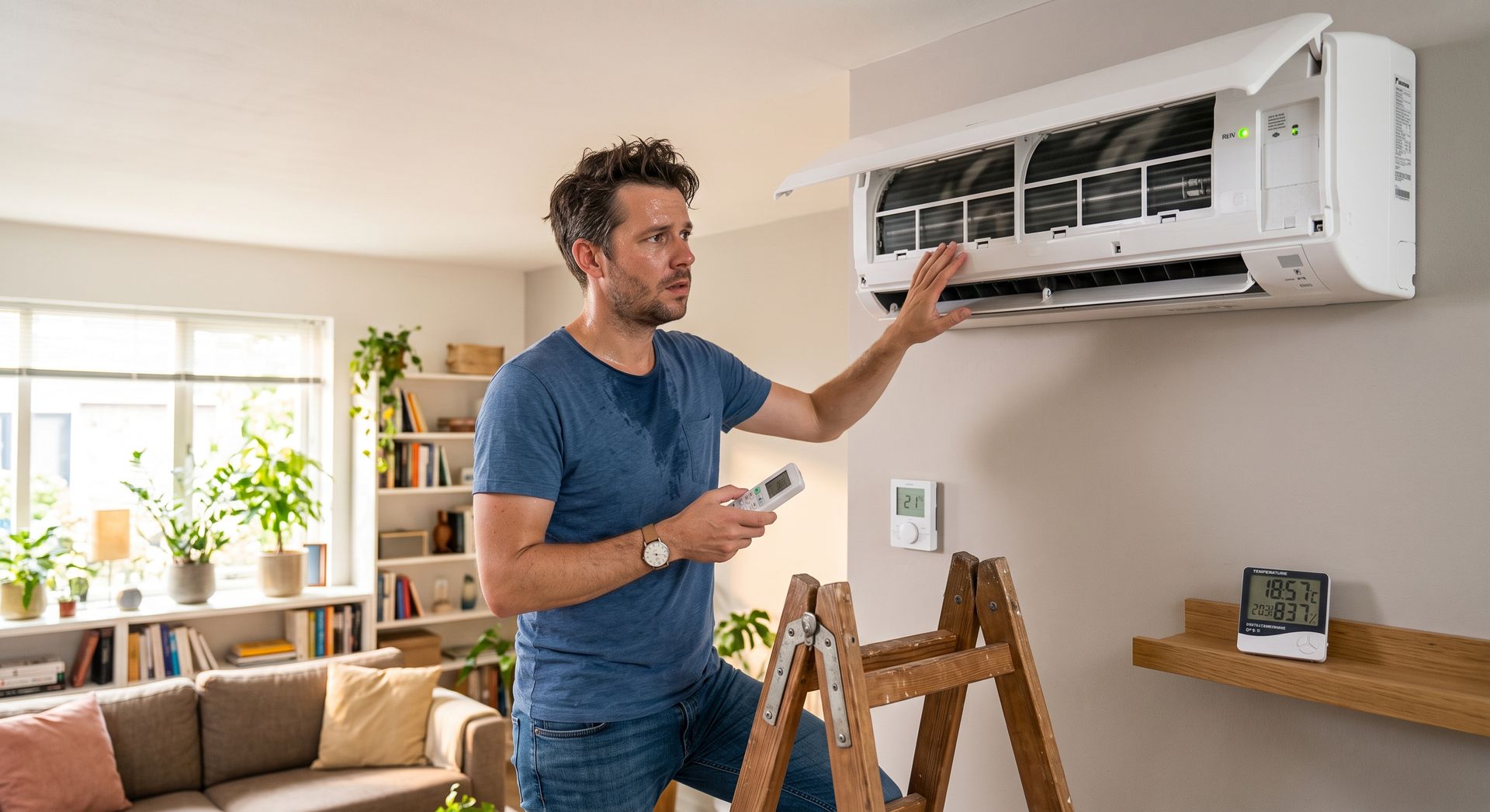 Man repairing a wall-mounted air conditioner in a bright living room while standing on a ladder
