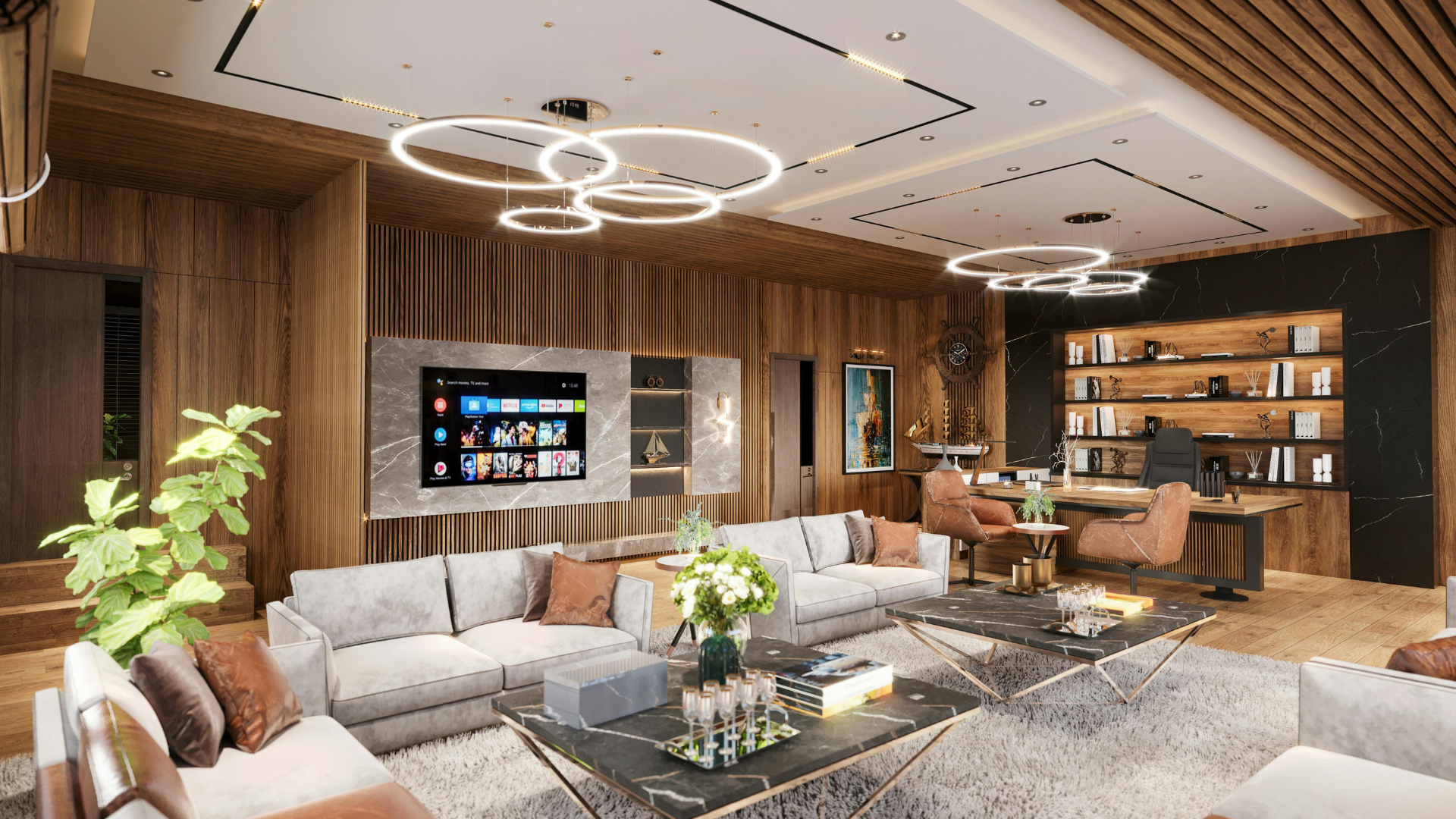 Modern luxury living room with gray sofas, wood-paneled walls, circular ceiling lights, and a wall-mounted TV