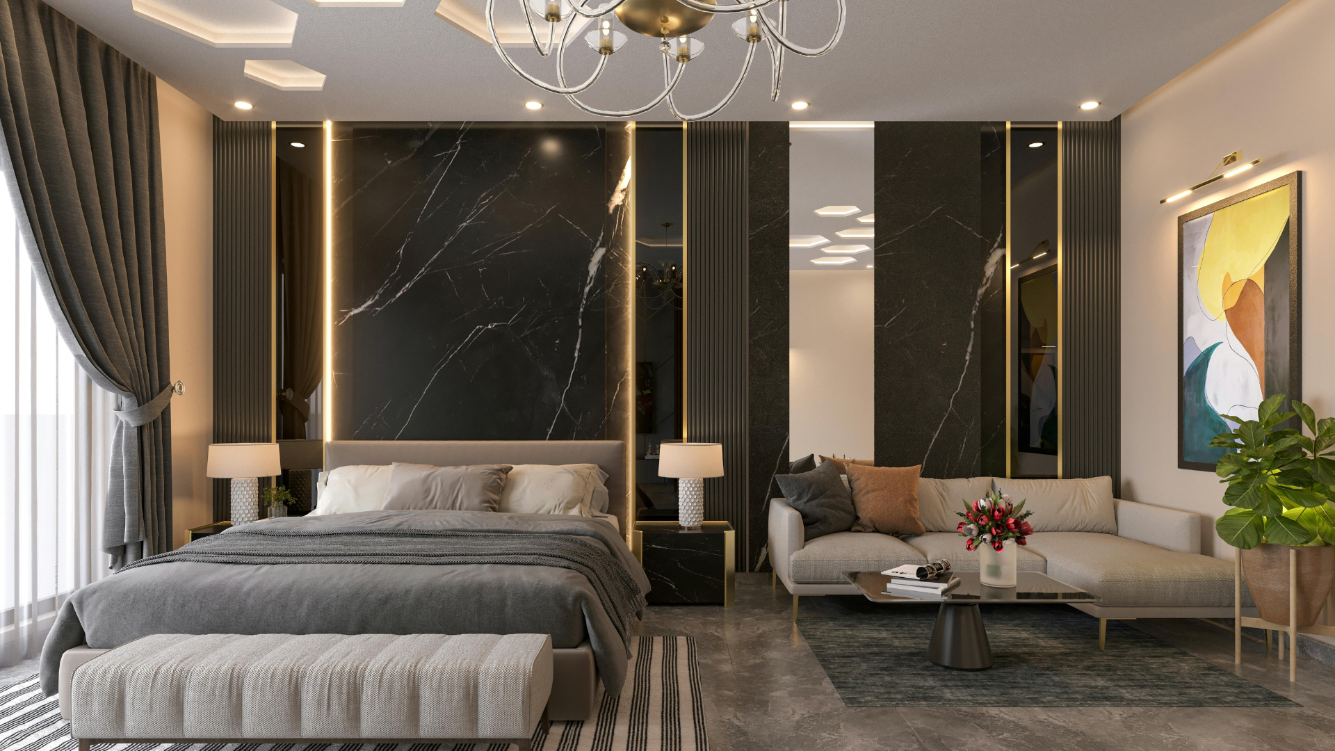 Elegant modern bedroom with gray bed, sofa, marble accents, and gold lighting details