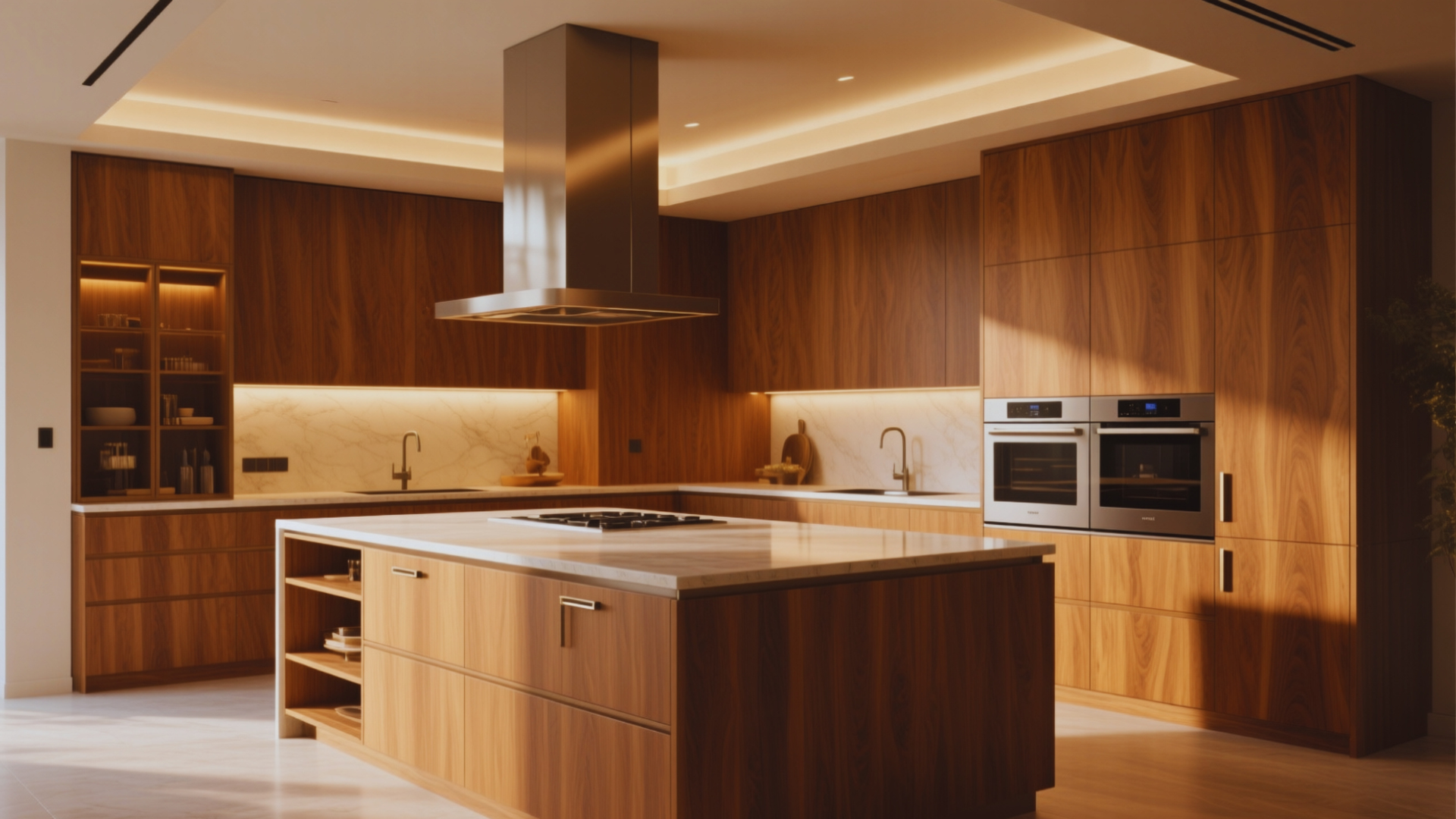 Modern wood kitchen with island, built-in appliances, and warm recessed lighting