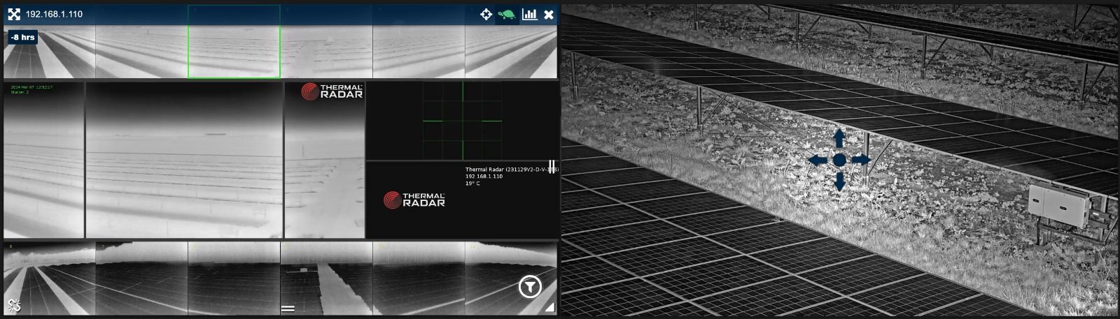 Zwart-wit interface van een bewakingscamera met een groot scherm waarop een wegzicht en dashboardpanelen te zien zijn.