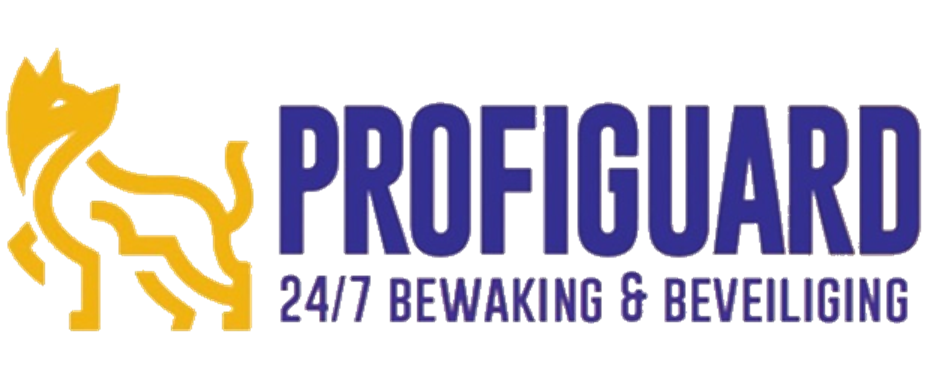 PROFIGUARD-logo met geel waakhond-icoon en blauwe tekst: "24/7 BEWAKING & BEVEILIGING"
