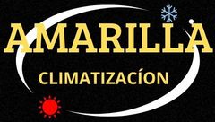 Logotipo de Amarilla climatización en amarillo y blanco sobre fondo negro, con iconos de sol rojo y copo de nieve azul.