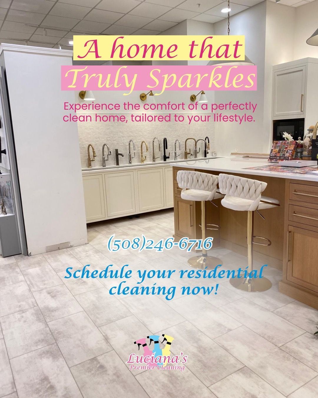 Bright kitchen cleaning ad with pink text and a blue “Schedule your residential cleaning now!” callout.