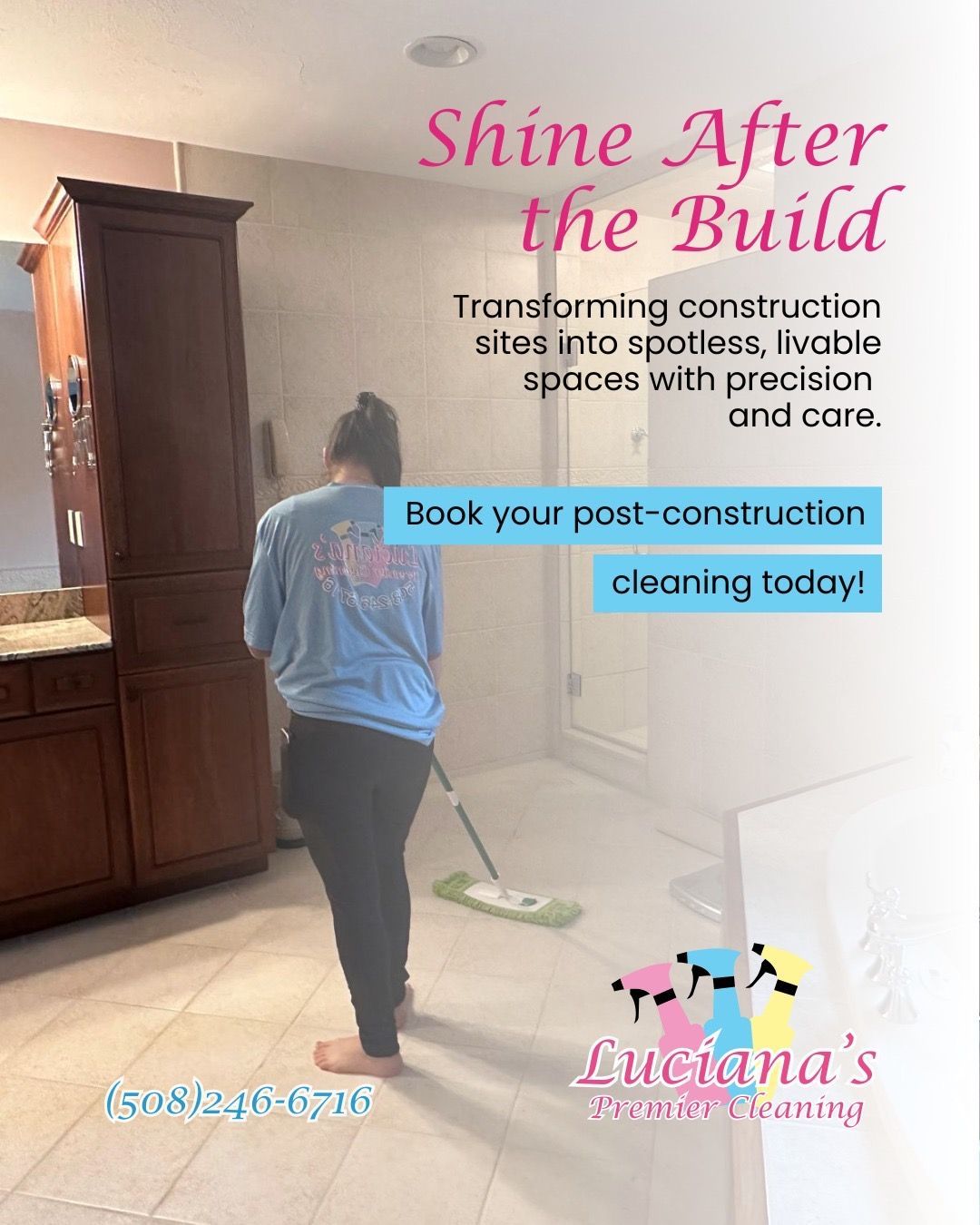 Post-construction cleaning ad with a cleaner in a kitchen, blue headline, and “Book your post-construction cleaning today!”