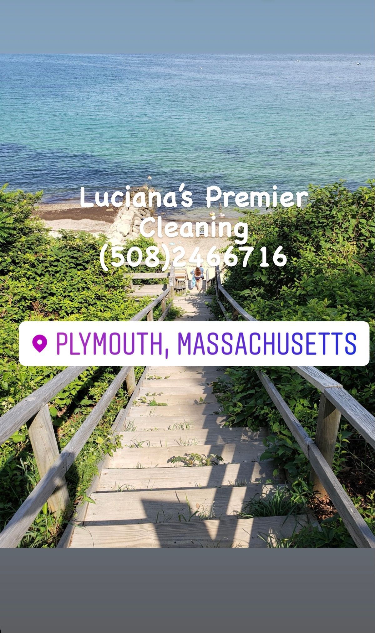 Luciana’s Premier Cleaning ad over a seaside boardwalk, with Plymouth, Massachusetts labeled below