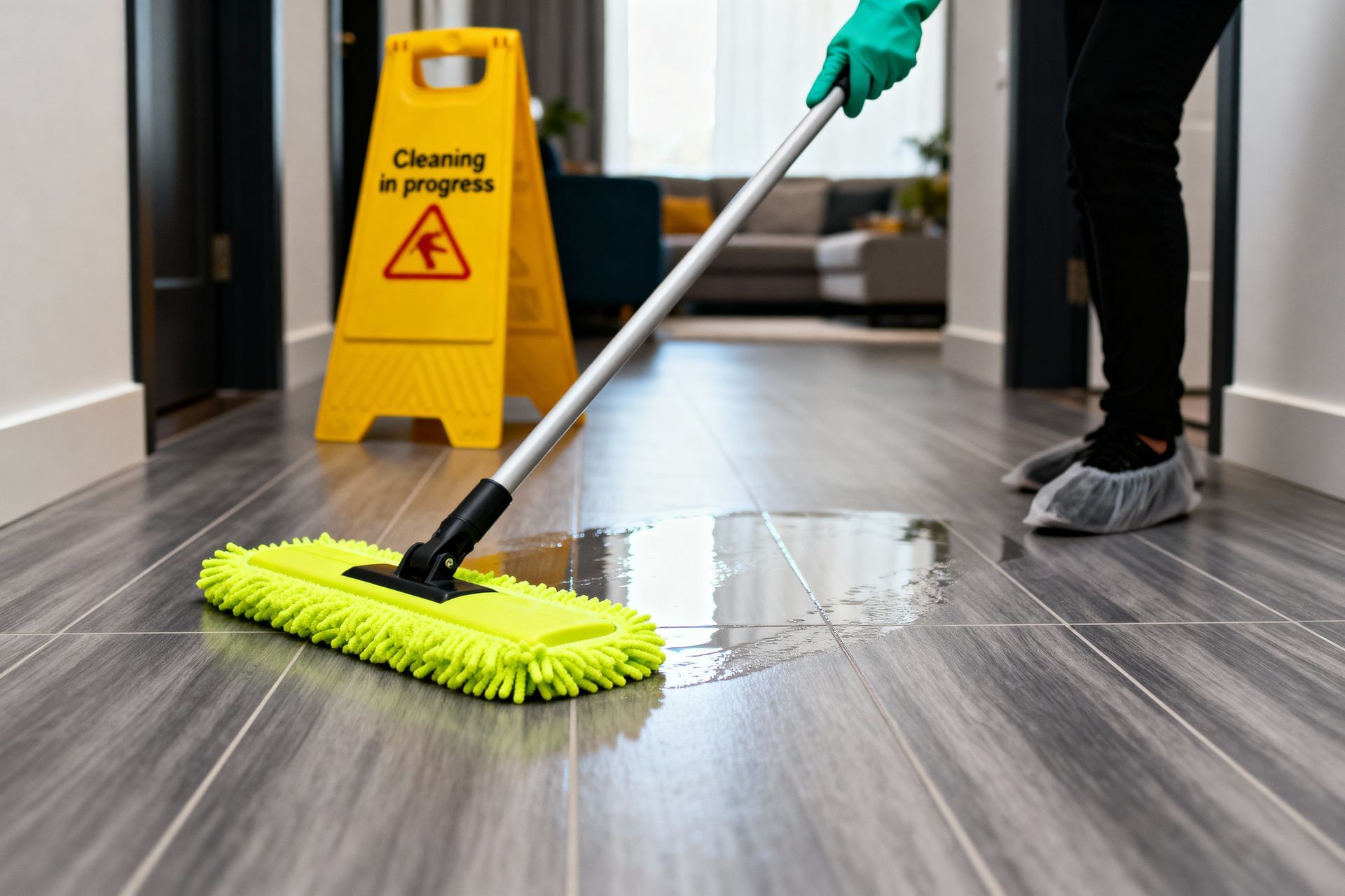 Person mopping a wet floor beside a yellow cleaning sign in a hallway