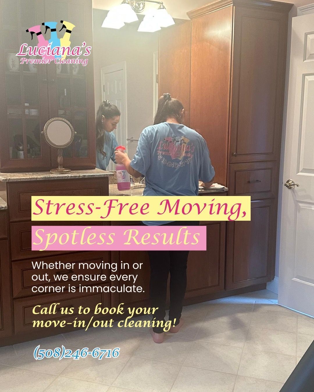 Two people cleaning a bathroom; ad reads “Stress-Free Moving, Spotless Results.”