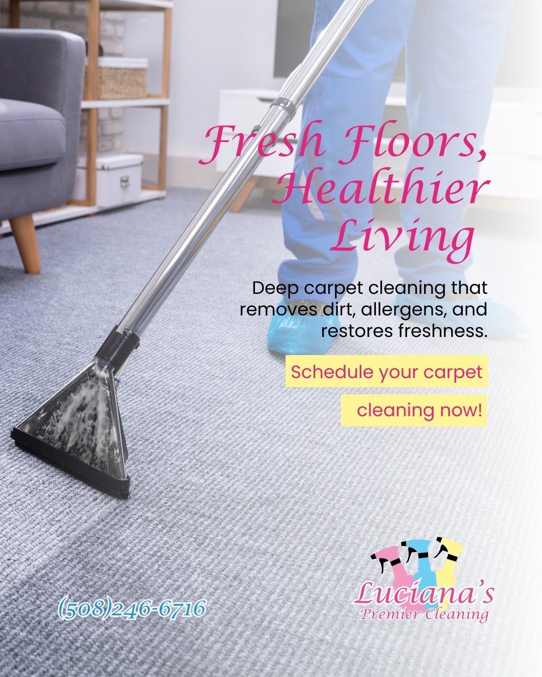 Carpet cleaning ad showing a vacuum on a light rug with pink text: “Fresh Floors, Healthier Living”