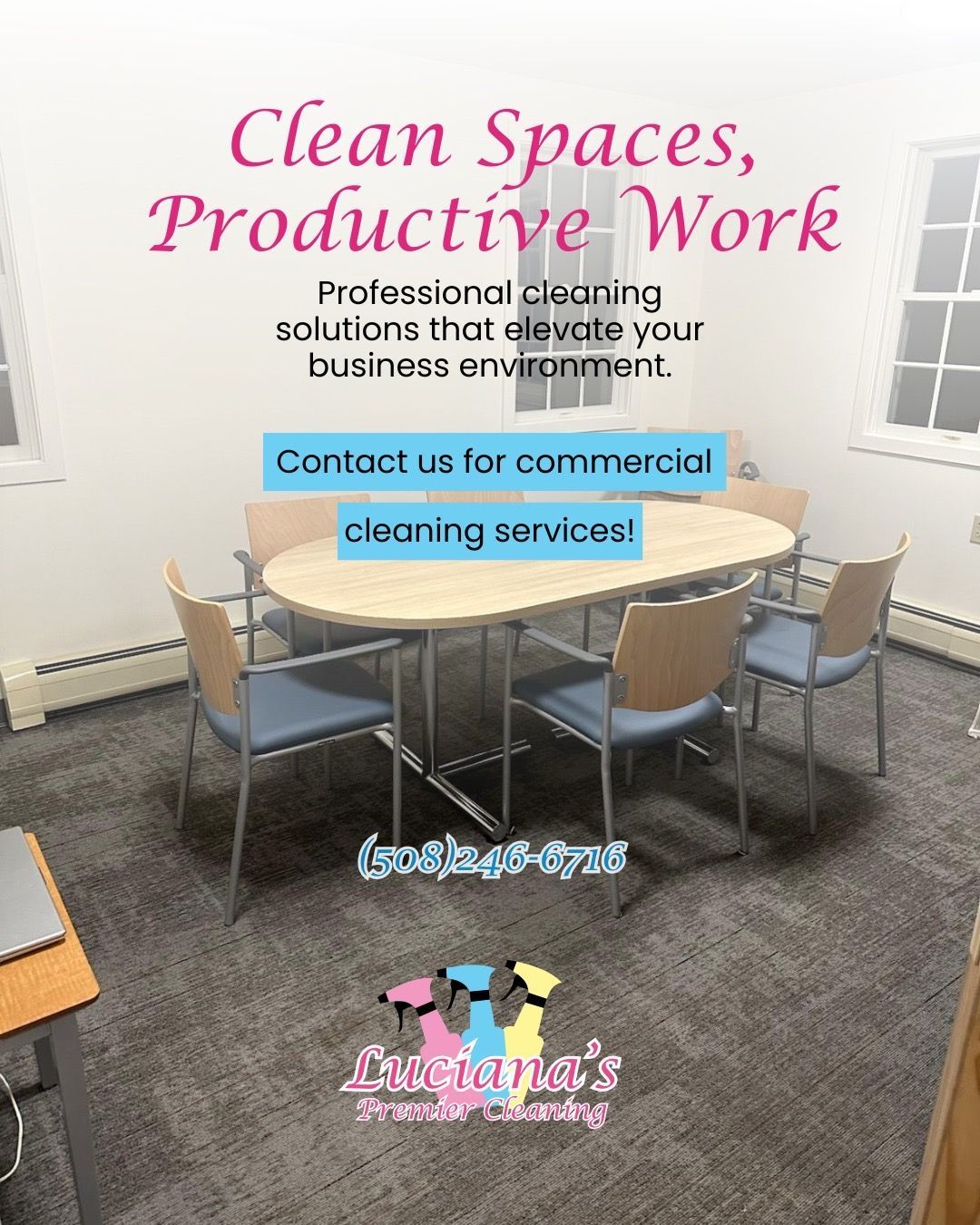 Commercial cleaning ad with conference room, pink headline, blue buttons, and company logo.