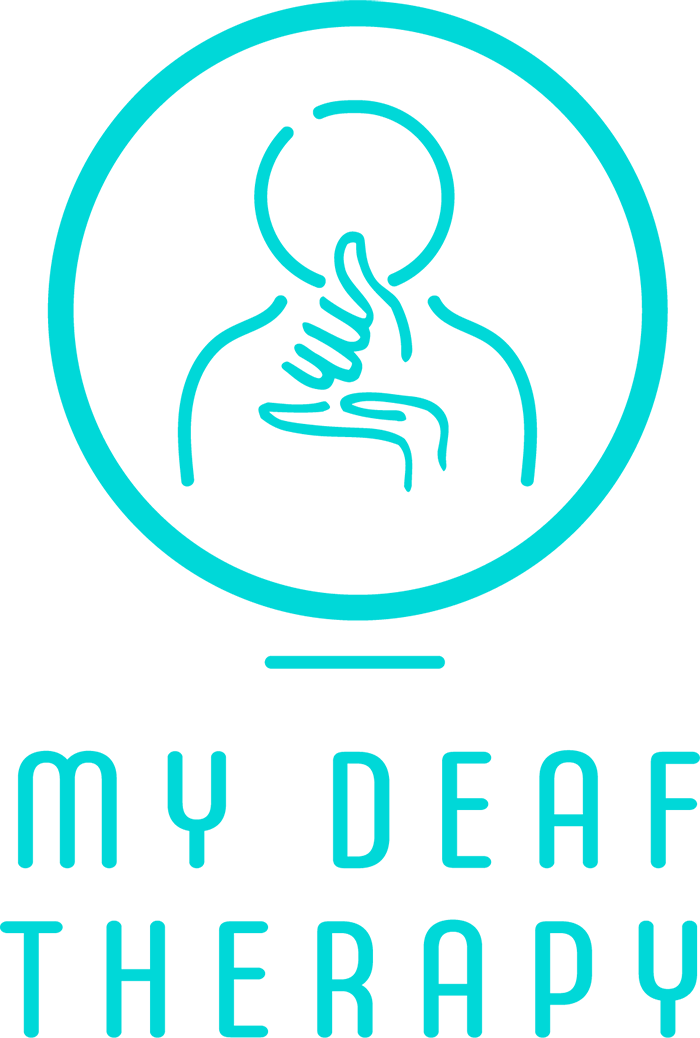 My Deaf Therapy logo in teal, with a person lifting one hand, surrounded by a circle and a horizontal line below.