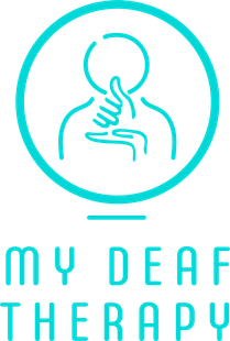 My Deaf Therapy logo in teal, with a person lifting one hand, surrounded by a circle and a horizontal line below.