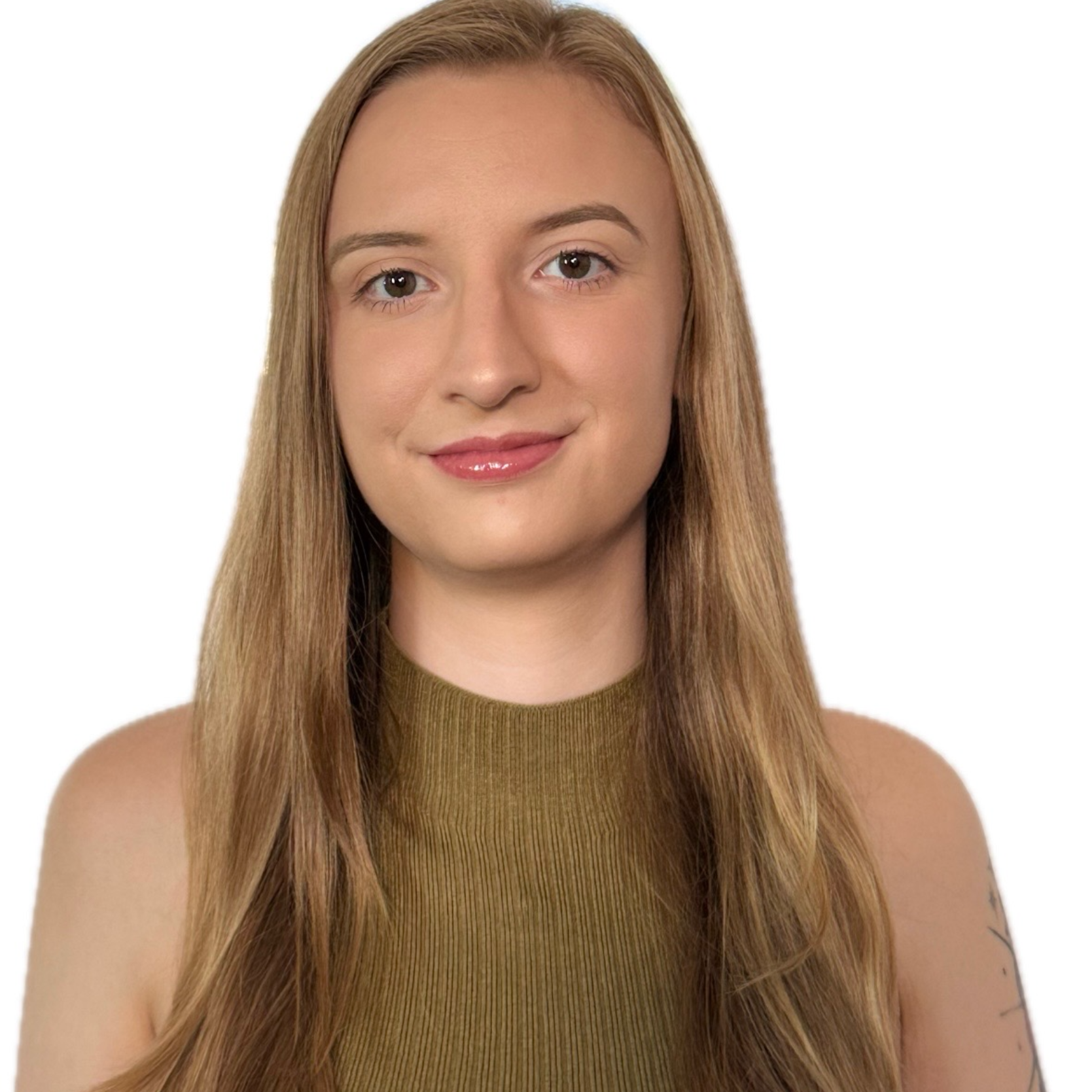 Smiling white woman with long blond hair and brown eyes