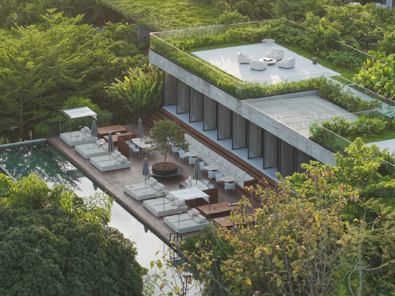 Terraço moderno na cobertura com área de estar, uma piscina extensa e vegetação exuberante que circunda uma casa contemporânea.