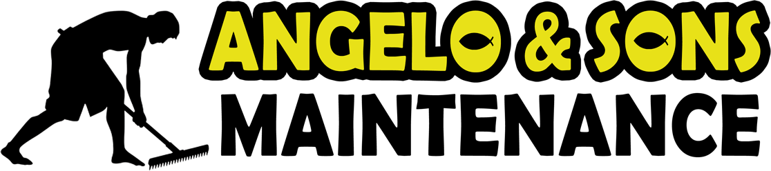 Logo for Angelo & Sons Maintenance featuring a black silhouette of a person cleaning and yellow text on a black background.