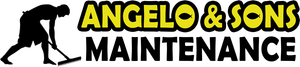 Logo for Angelo & Sons Maintenance featuring a black silhouette of a person cleaning and yellow text on a black background.