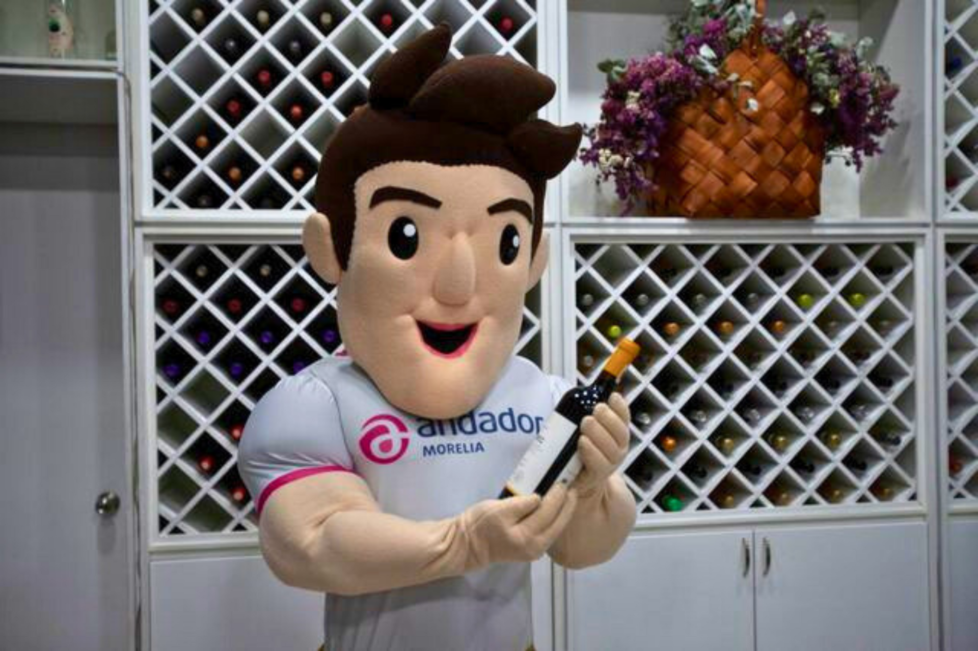 Una mascota sostiene un destornillador frente a un botellero.