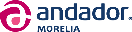 Logotipo de Andador Morelia en magenta y gris con un icono de una “a” minúscula estilizada.